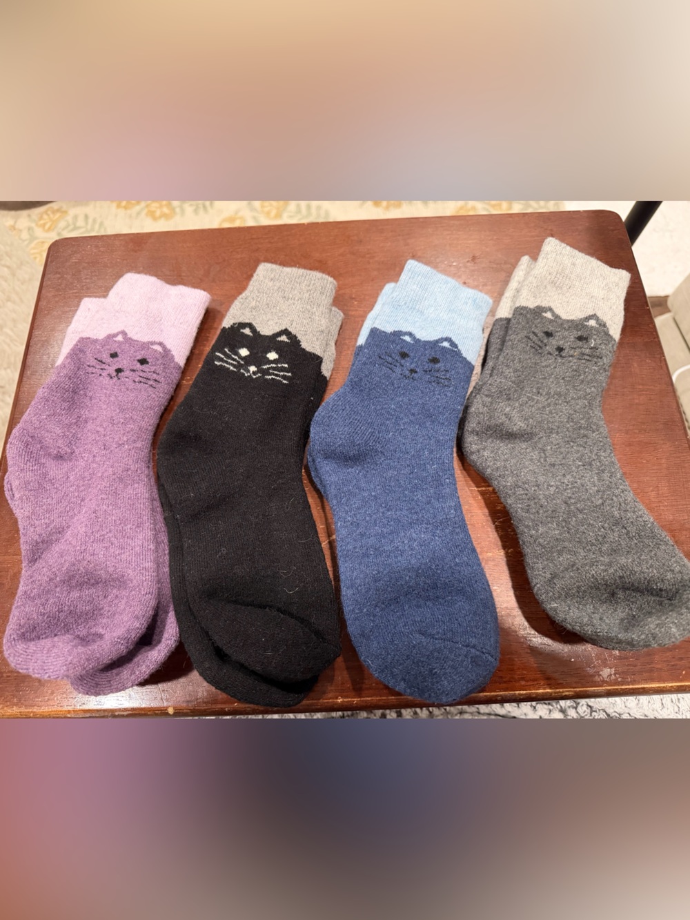Cozy Wool Blend Cat Face Crew Socks Set of 4 | Blue Gray Black Purple